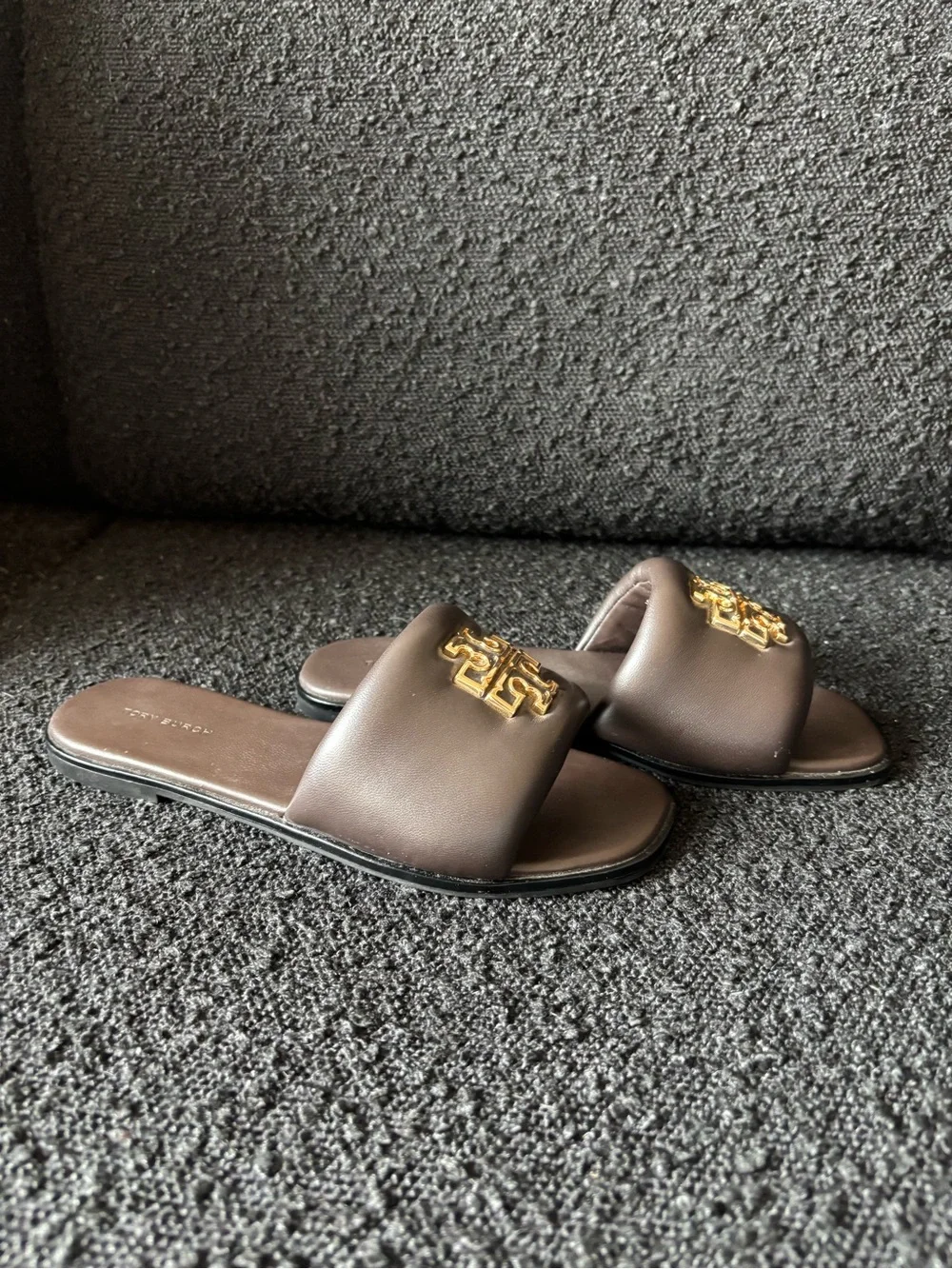Tory Burch Dark Mahogany Britten Puffy Slide with Gold Emblem